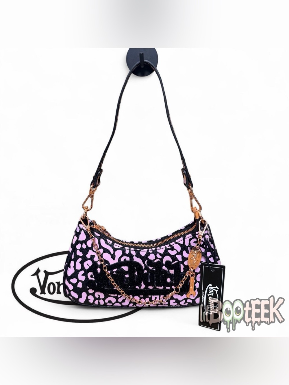 Von Dutch Black & Pink Leopard Print Shoulder Bag w Chain & Fuzzy Logo Y2K VIRAL